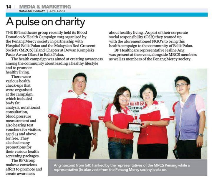 Write up on BP Healthcare Group Blood Donation & Health Campaign Penang in The Sun.