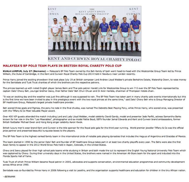 Write Up in Bernama (English Version) for BP Polo’s Participation in Kent and Curwen Royal Charity Polo Game